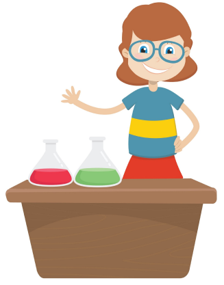 A cartoon girl wearing glasses standing next to a table filled with test tubes